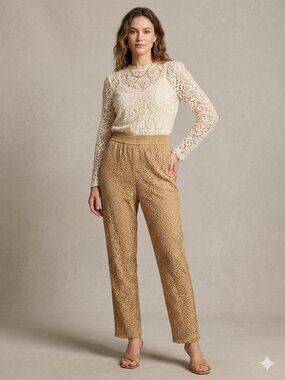 Chico's SZ 3/16-18 XL Arabian Camel Pull On Lace Elastic Waist Lined Ankle Pants